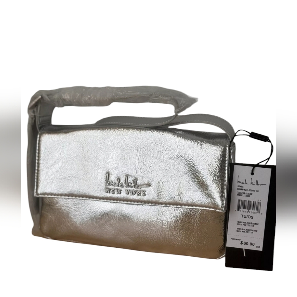 New Nicole Miller Shiny Metallic Silver Hand Bag Small Purse Short Strap Formal